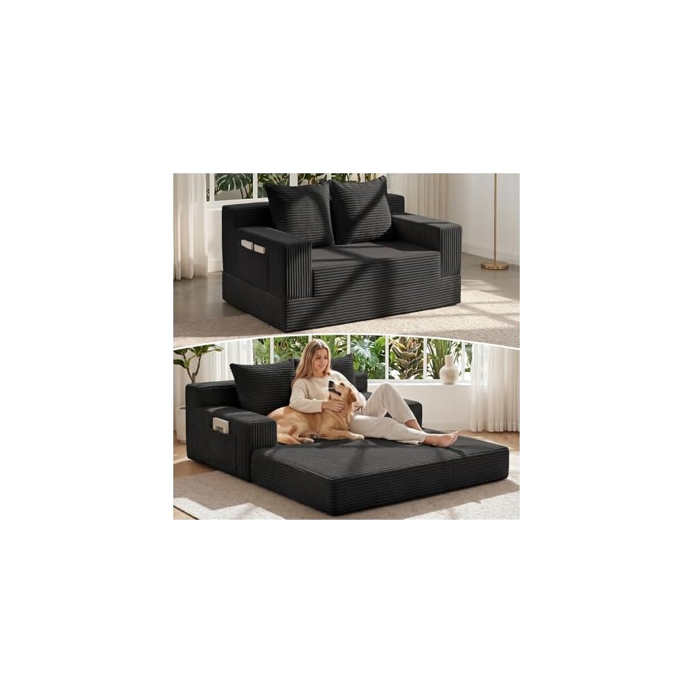 Convertible Sofa Bed,Small Boneless Couch & Boneless Loveseat,Pull Out Couch Bed for Small Spaces,Premium Luxe Corduroy Folding Floor Futon Sleeper with Side Pocket & 2 Pillows, No Assembly Required