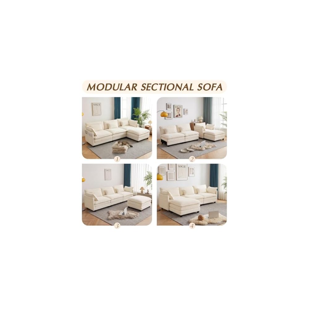 111" L Shaped Sectional Couches for Living Room with Movable Ottoman, Modular Cloud Couch with Deep Seat, Comfy Corduroy Sofa with Pillows for Bedroom and Apartment, Beige