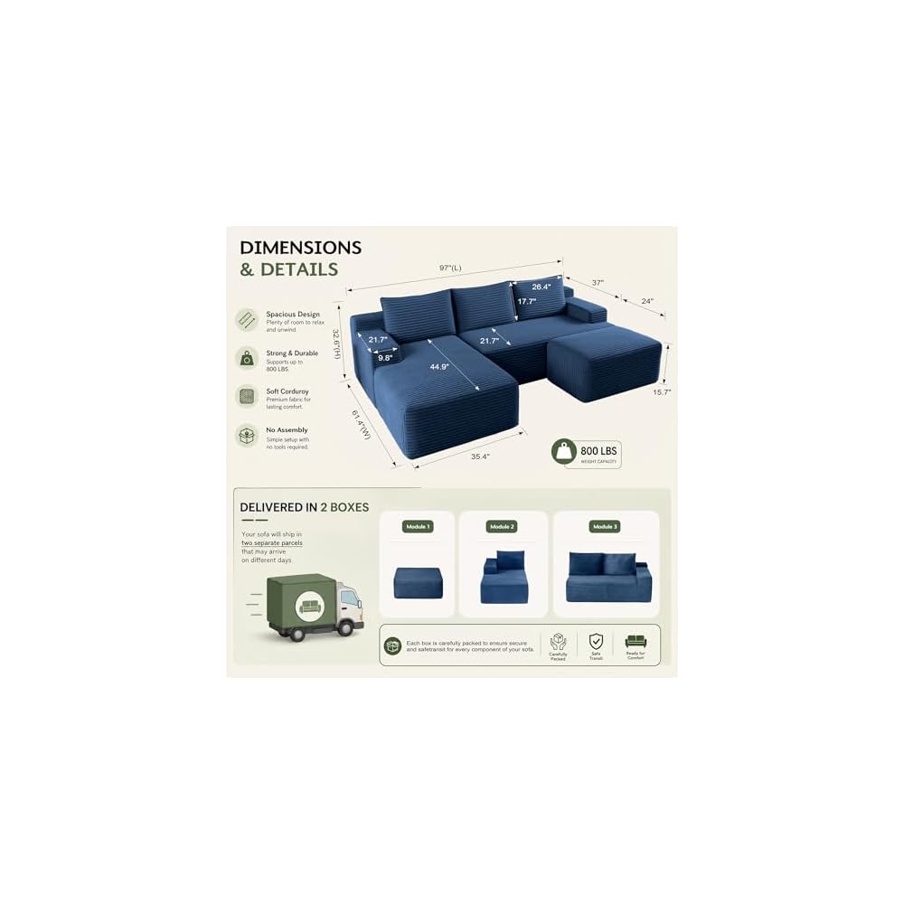 Boneless Couch Comfy Sectional Couches for Living Room,U Shaped Modular Cloud Couch Sofa, Minimalist Modular Sectional Sofa with Deep Seat