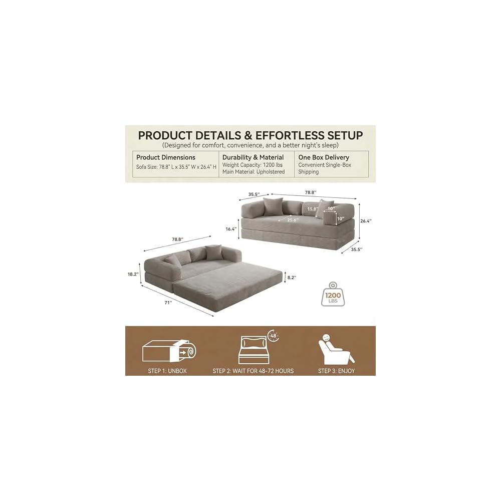 79" Convertible Sofa Bed, 4-in-1 Corduroy Boneless Futon Couch, Folding Sleeper Sofa, No Assembly Floor Couch for Living Room, Bedroom, Apartment, Grey