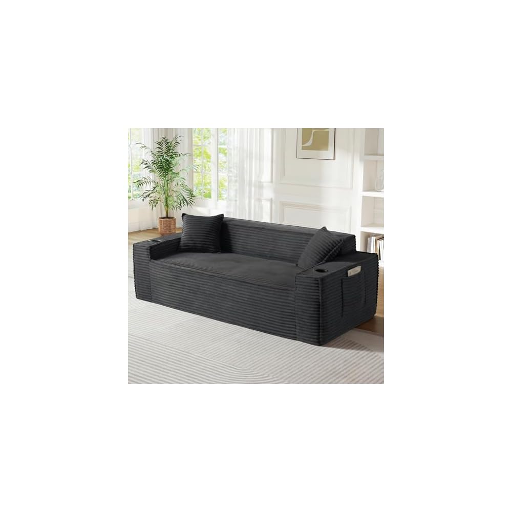 2 Piece Upholstered Sofa Set, 3-Seater Corduroy Cloud Couch & Arm Chair with Cup Holders & Side Pocket, Comfy Boneless Couch, Compressed Sofa for Living Room, Bedroom(Grey, 43.3" W+80.7" W)
