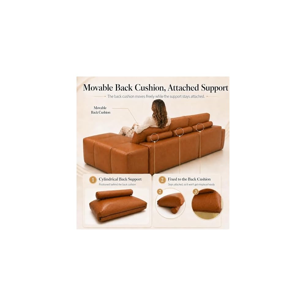 114” Boneless Sectional Couches for Living Room, Brown Cloud Faux Leather Couch in a Box, Modular Sectional Sofas for Living Room, L Shaped Couch with Chaise, Memory Foam Deep Seat,Right Chaise