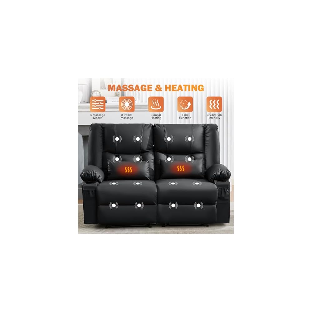 Black Leather Loveseat Recliner with Massage/Heat, Recliner Couch