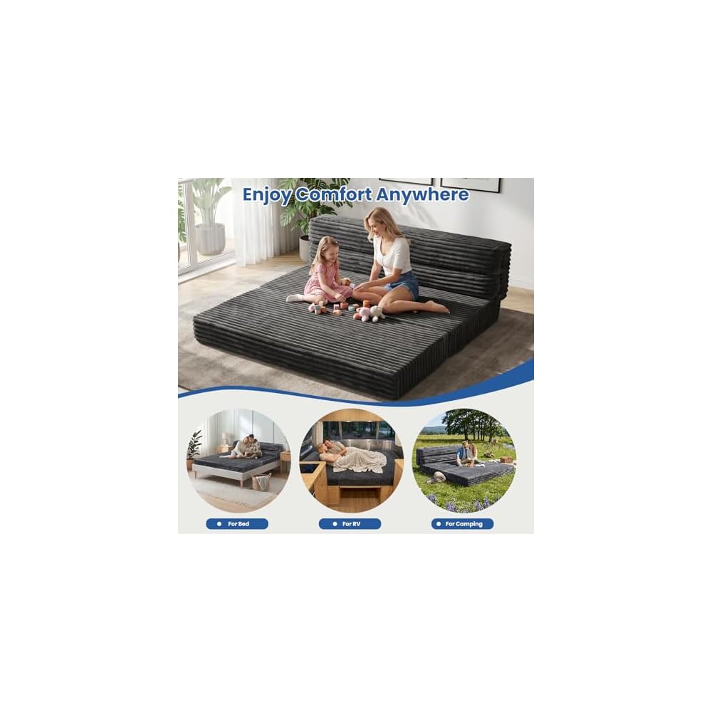 Tri-Fold Futon Sofa Bed, 6 Inch Foldable Floor Couch, High-Density Foam Convertible Sleeper Sofa with Removable Washable Corduroy Cover, Portable Floor Mattress for Living Room