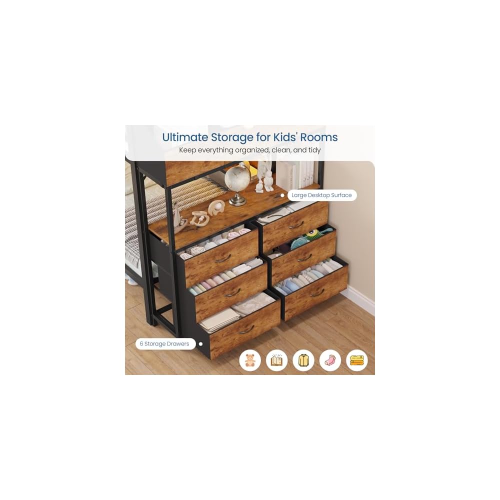 Twin Over Twin Bunk Bed with 6 Storage Drawers & 3 Boxes, Dual Side Shelves, Twin Bunk Beds for Kids with LED Lights and Charging Station, Heavy Duty Metal Bunk Bed with Safety Guardrail and Ladder