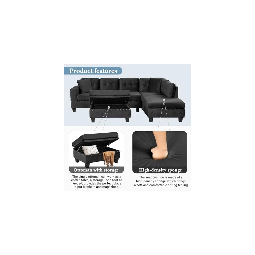 L-Shape Sectional Couch with Storage Ottoman,105" Couches for Living Room W/ 2 Pillows & Cup Holders,6 Seat Velvet Sleeper Sofa W/Reversible Chaise,Comfy Couches for Apartment,Black