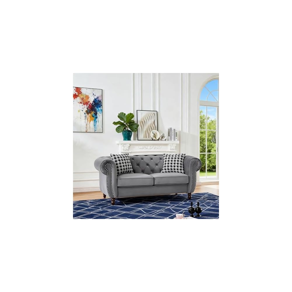 Loveseat, Velvet Fabric Two- Seater Couch, Buckle Design and Rivet Decoration, Deep Seated Double Sofa, Suitable for Living Room, Bedroom, Apartment, Hotel, etc (Gray) (Gray)