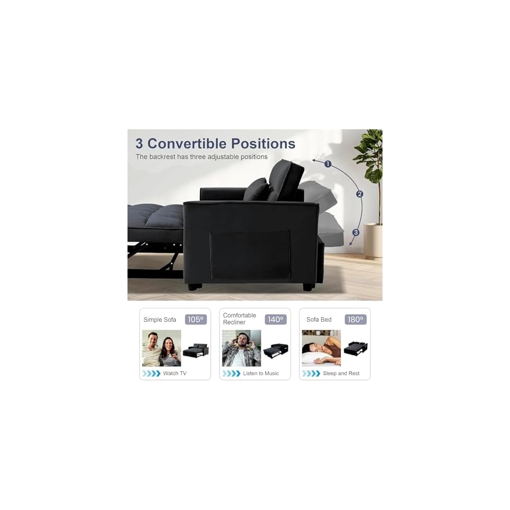 3-in-1 Pull Out Couch, 55.3'' Convertible Futon Sofa Bed, Velvet Sleeper Loveseat with Pillows, Pockets, Small Sofa Cama for Living Room, Apartment, Black