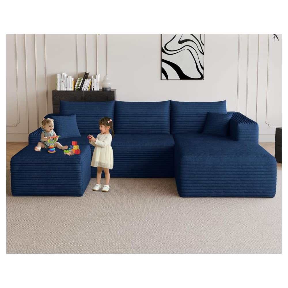 95" Boneless Couch with Ottoman, Modern U Shaped Cloud Sectional Couch