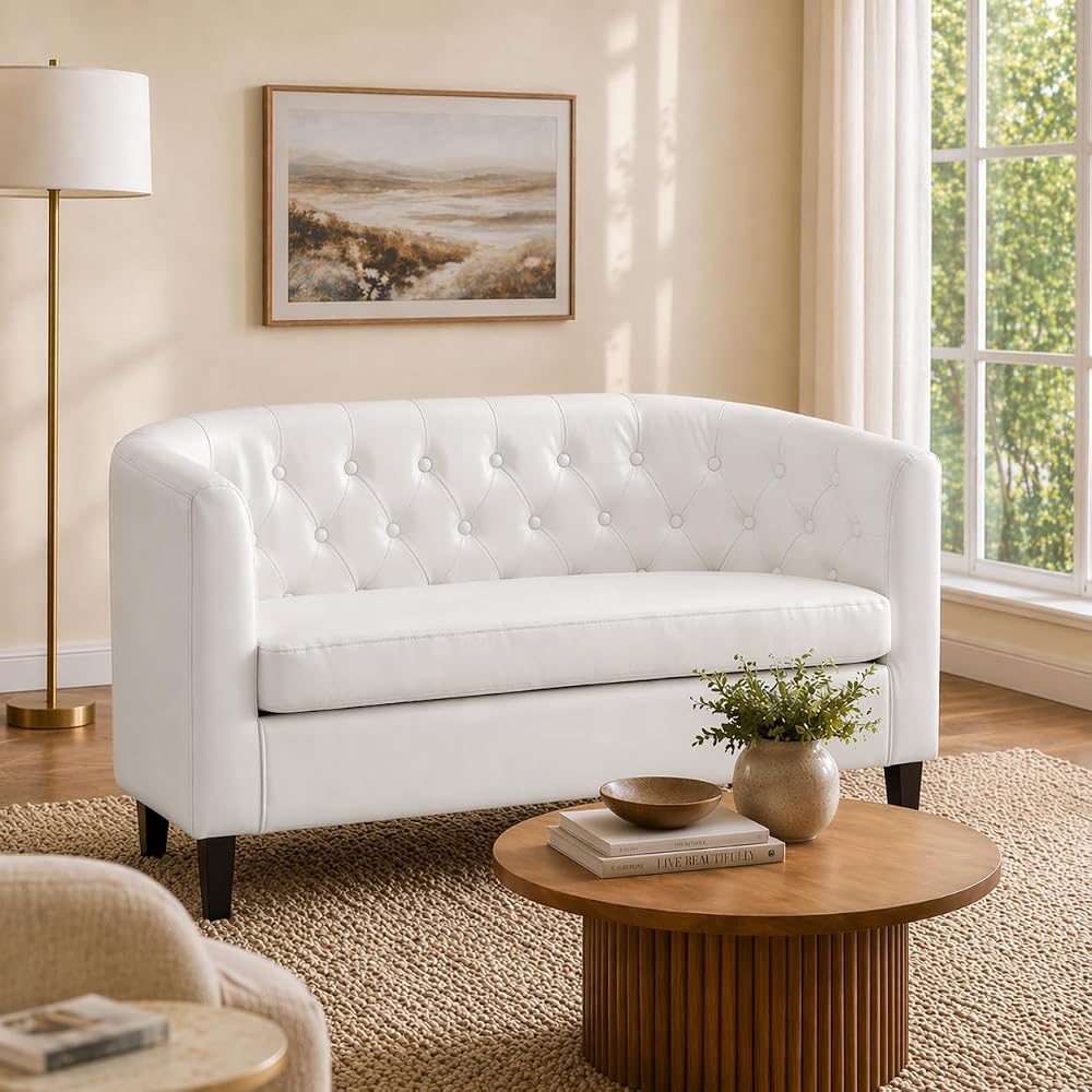 Emma Faux Leather Loveseat Sofa - Tufted Barrel- White