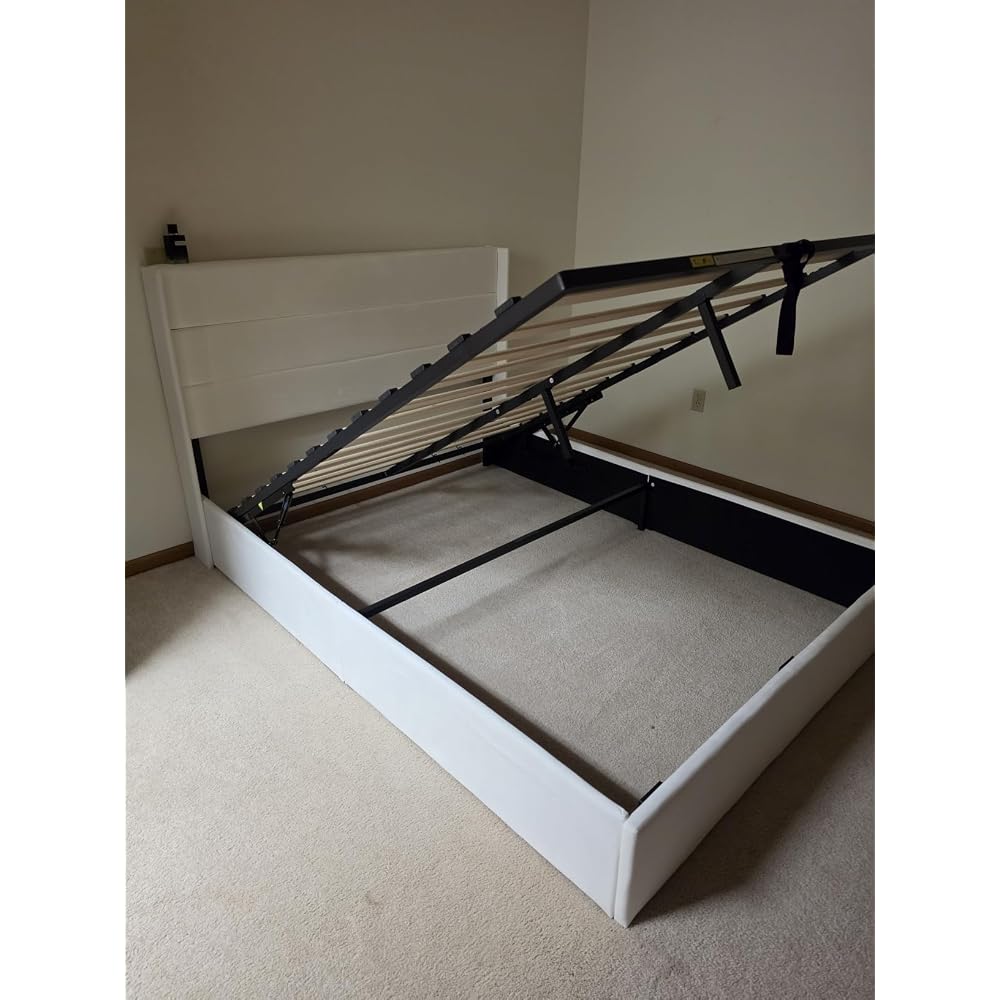 Queen Size Lift Up Hydraulic Storage Bed Frame Light Beige