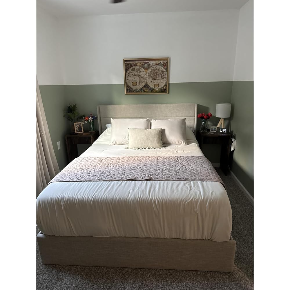 Queen Size Lift Up Hydraulic Storage Bed Frame Light Beige