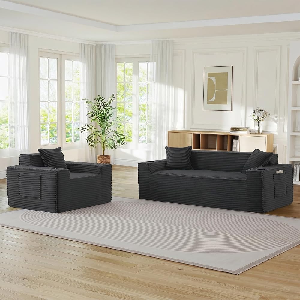 2 Piece Upholstered Sofa Set, 3-Seater Corduroy Cloud Couch & Arm Chair with Cup Holders & Side Pocket, Comfy Boneless Couch, Compressed Sofa for Living Room, Bedroom(Grey, 43.3" W+80.7" W)