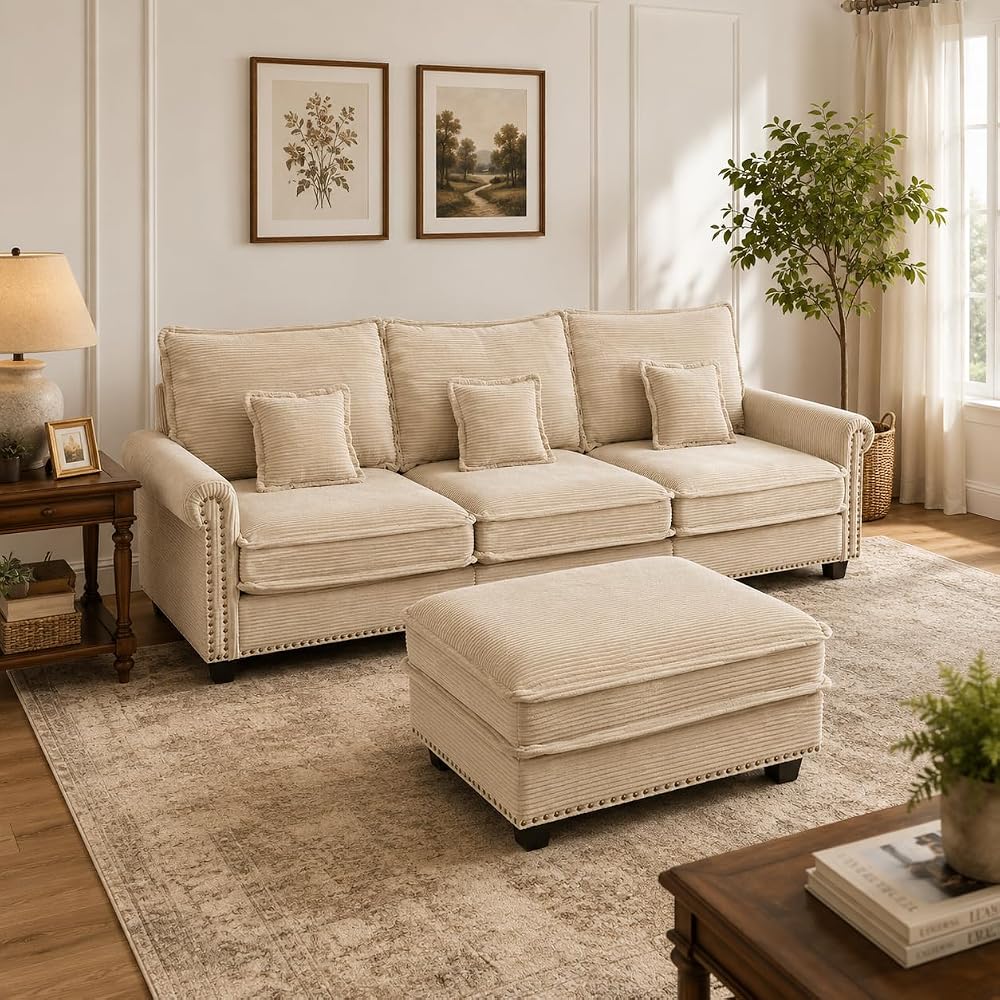 3 Seater Sofa with Ottoman, Oversized Corduroy Couch with Deep Seat & Plush Cushions, Comfy Upholstered Living Room Sofa Set with Nailhead Trim, Coffee