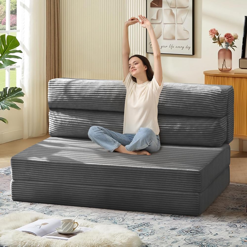 Folding Sofa Bed, Convertible Sleeper Chair with Pilow Foldable Matress, 2 in 1 Pull Out Loveseat Sofa Portable Fold Out Chair Bed Floor Couch Lounge for Living Room Bedroom (Grey, Full)
