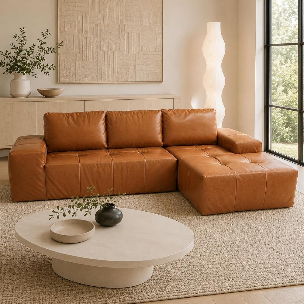 114” Boneless Sectional Couches for Living Room, Brown Cloud Faux Leather Couch in a Box, Modular Sectional Sofas for Living Room, L Shaped Couch with Chaise, Memory Foam Deep Seat,Right Chaise