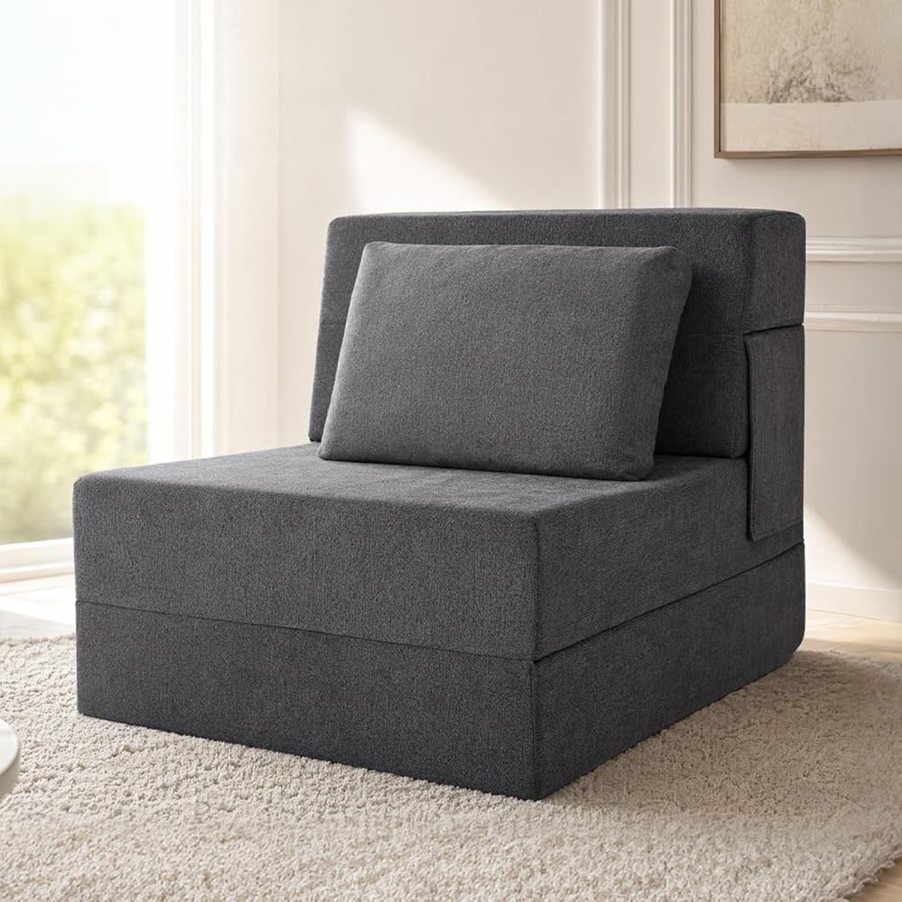 Folding Sofa Bed, Convertible Sleeper Chair with Pillow, Fold Out Chair Bed, High-Density Foam Floor Couch Bed, Foldable Futon Couch Lounge for Living Room (Grey, Single)
