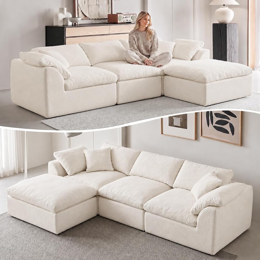109" Boneless Cloud Couch Sectional for Living Room, Oversized Modular L Shaped Sofa with Ottoman, Deep Seat Chenille Sectional Couch for Cloud-Like Comfort (Creamy White)