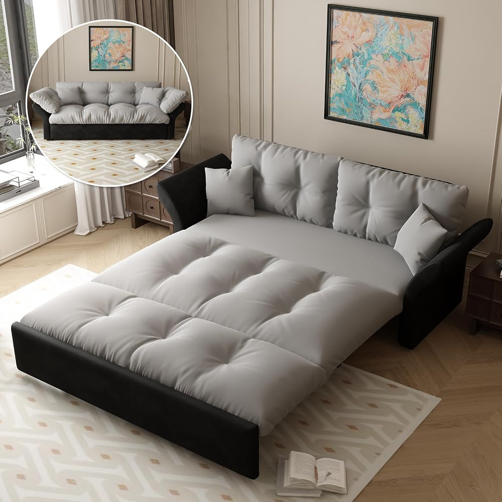74.8” Queen Pull Out Sofa Bed, 3 in 1 Convertible Sleeper Sofa Futon Pullout Couch, Velvet Tufted Cloud Loveseat with 2 Pillows for Living Room Bedroom Apartment, Grey