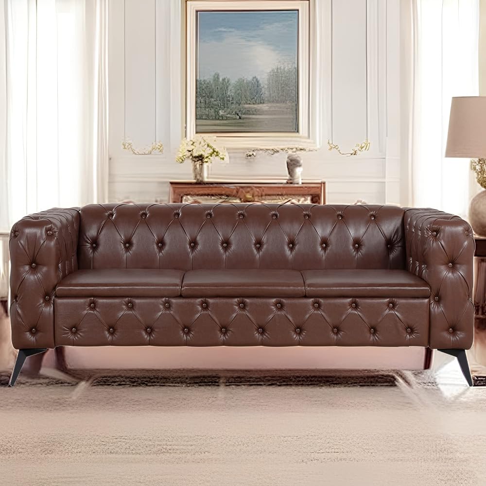 Brown Oversized Sofas for Living Room Modern Tufted Faux Leather Couch Deep Seat Chesterfield Sofa Comfy Classic Tight Pleated Rolled Arms 85” 3 Seater Couches (Brown)