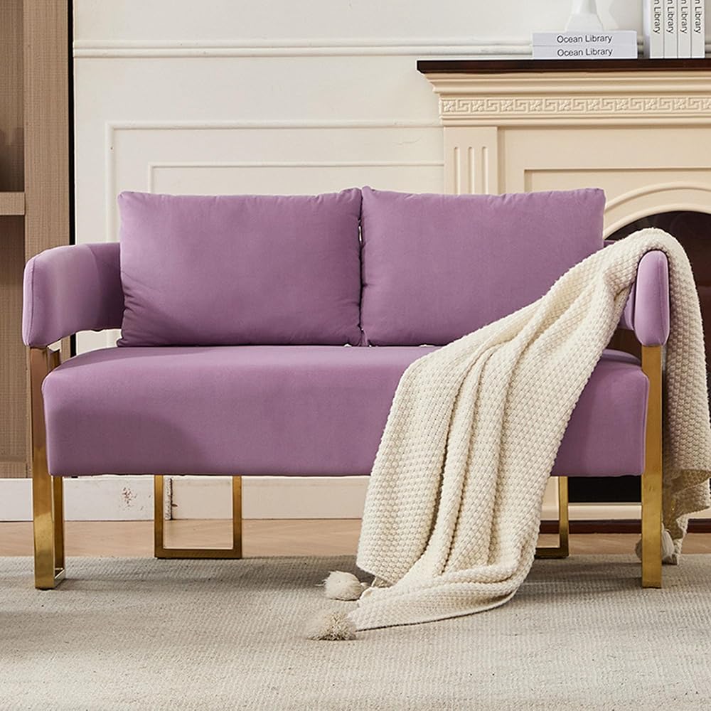 51 Inch Lilac Loveseat Sofa, Teddy Office Love Seat with 2 Pillows for Small Spaces, Small Two Seater Couch with Metal Gold Legs & Side Pockets, Modern Loveseats for Bedroom Living Room (Lilac)