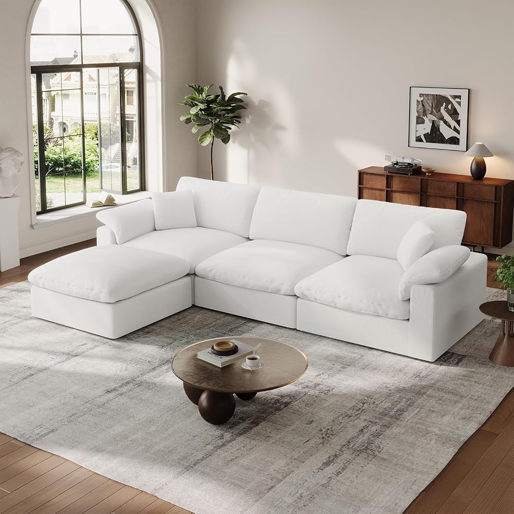 Cloud Modular Couch for Living Room,L Shape Linen Blend Sofas,Modern Deep Seat Cloud Sofas,Convertible Comfort Down Filled Sectional Couches,Removable Washable Cushion Covers,White