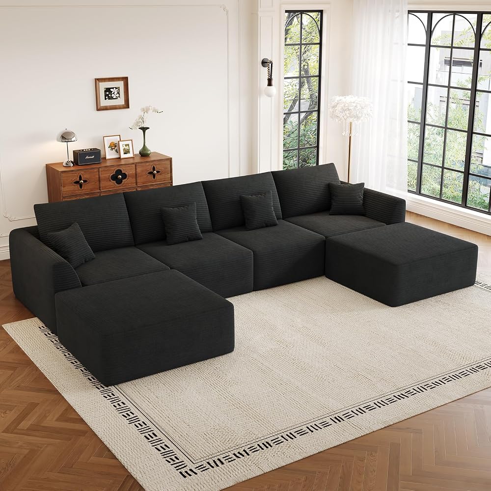 130" Modular Sectional Cloud Boneless Couch for Living Room, Black
