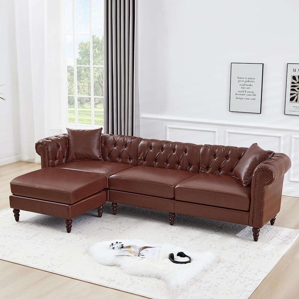 108” L-Shaped Chesterfield Sectional Couch with Movable Ottoman, 4-Seat Couch with Rolled Arms, Upholstered PU Leather, Mid-Century Tufted Corner Sofa for Living Room Bedroom Office (Brown)