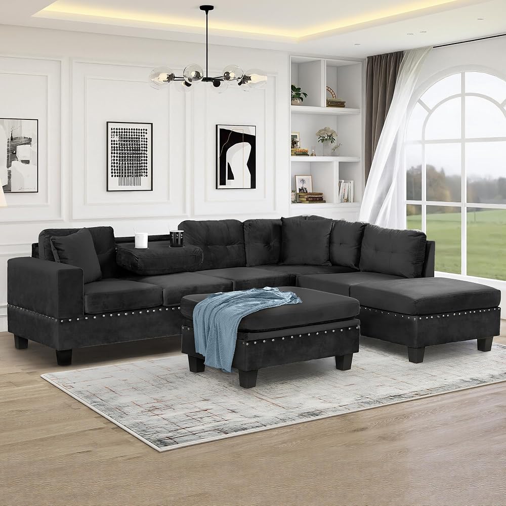 L-Shape Sectional Couch with Storage Ottoman,105" Couches for Living Room W/ 2 Pillows & Cup Holders,6 Seat Velvet Sleeper Sofa W/Reversible Chaise,Comfy Couches for Apartment,Black