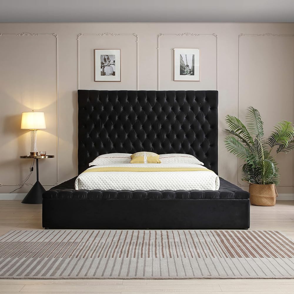 Cosmopolitan Velvet Upholstered Platform Queen Bed in Black