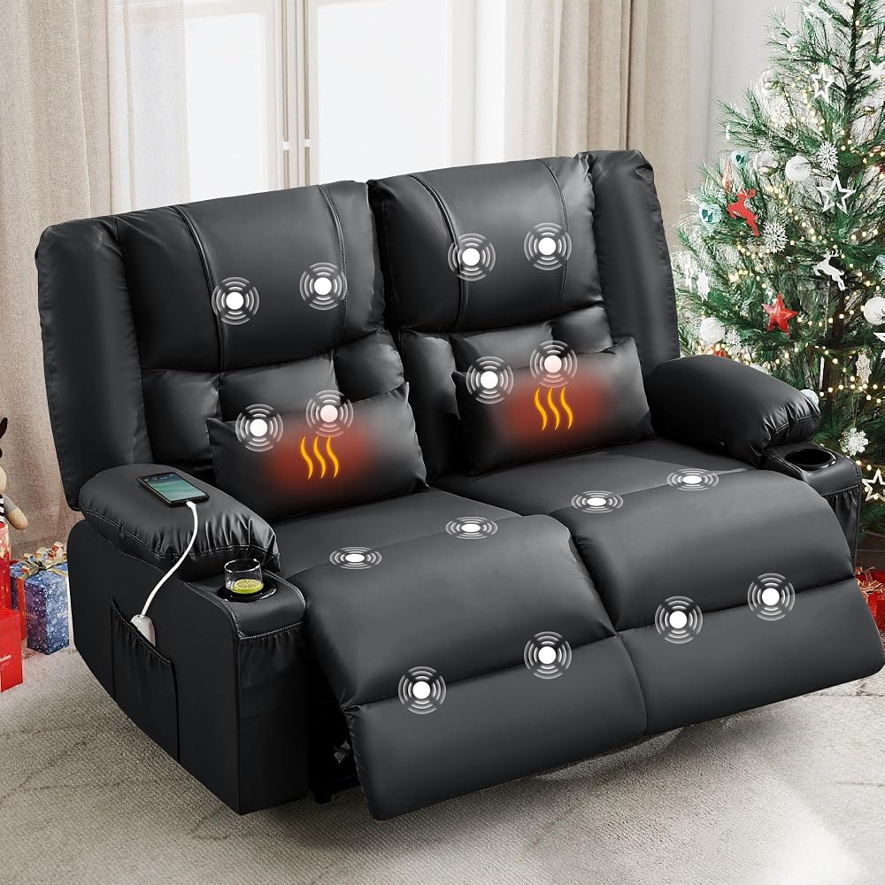 Black Leather Loveseat Recliner with Massage/Heat, Recliner Couch