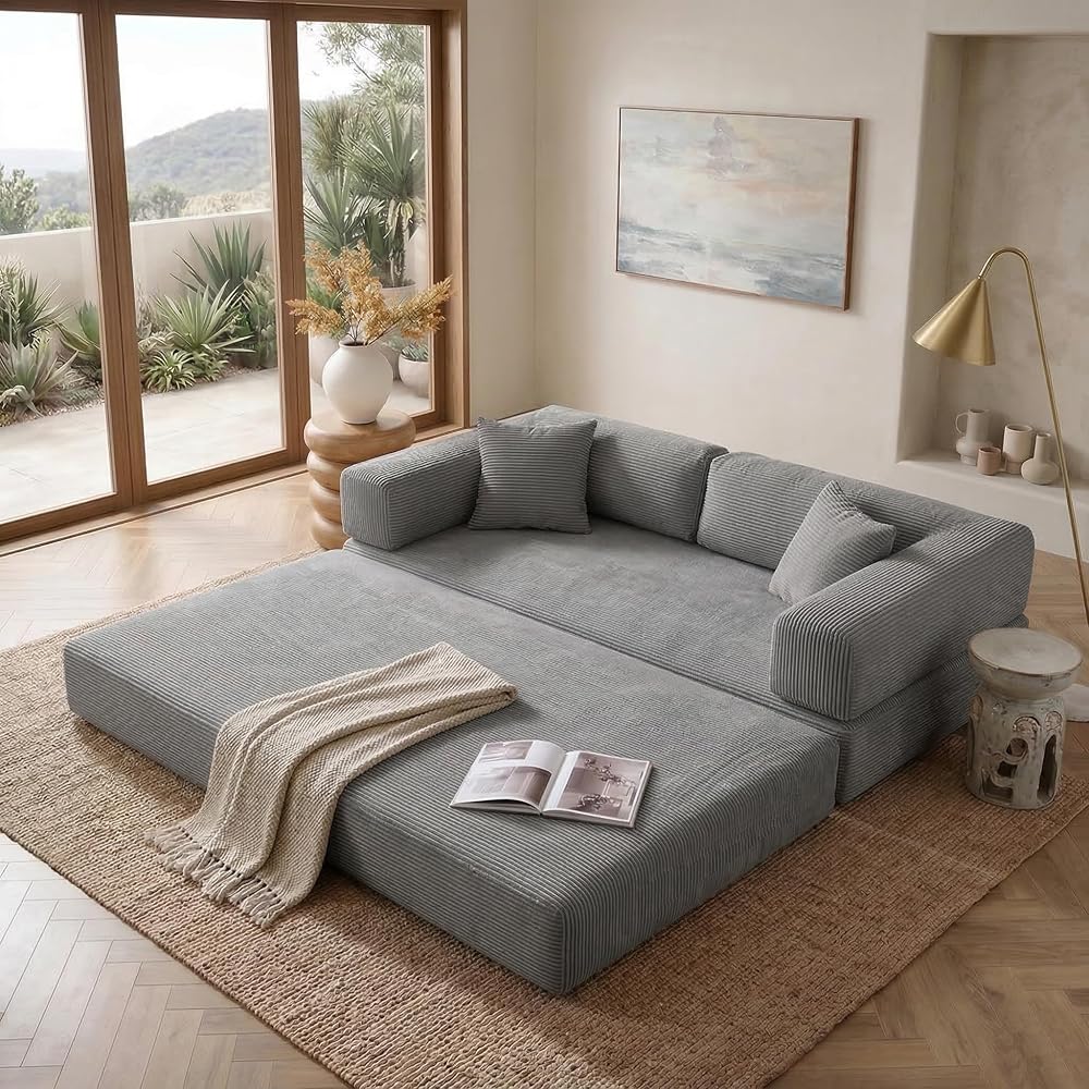 79" Convertible Sofa Bed, 4-in-1 Corduroy Boneless Futon Couch, Folding Sleeper Sofa, No Assembly Floor Couch for Living Room, Bedroom, Apartment, Grey