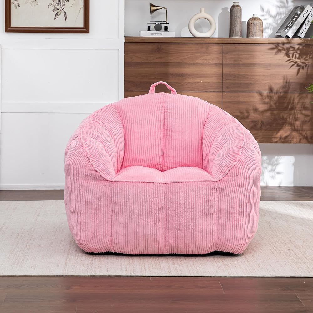 39" Giant Bean Bag Chair Sofa for Adults Teens, Comfy Corduroy Lazy Sofa with Armrests, Large BeanBag Couch with Filler Included for Bedroom Living Room, Pink