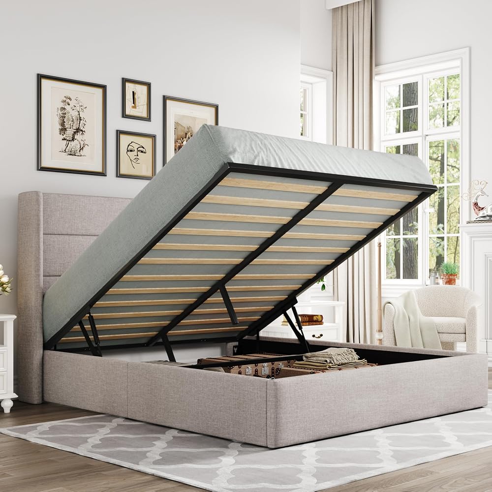 Queen Size Lift Up Hydraulic Storage Bed Frame Light Beige