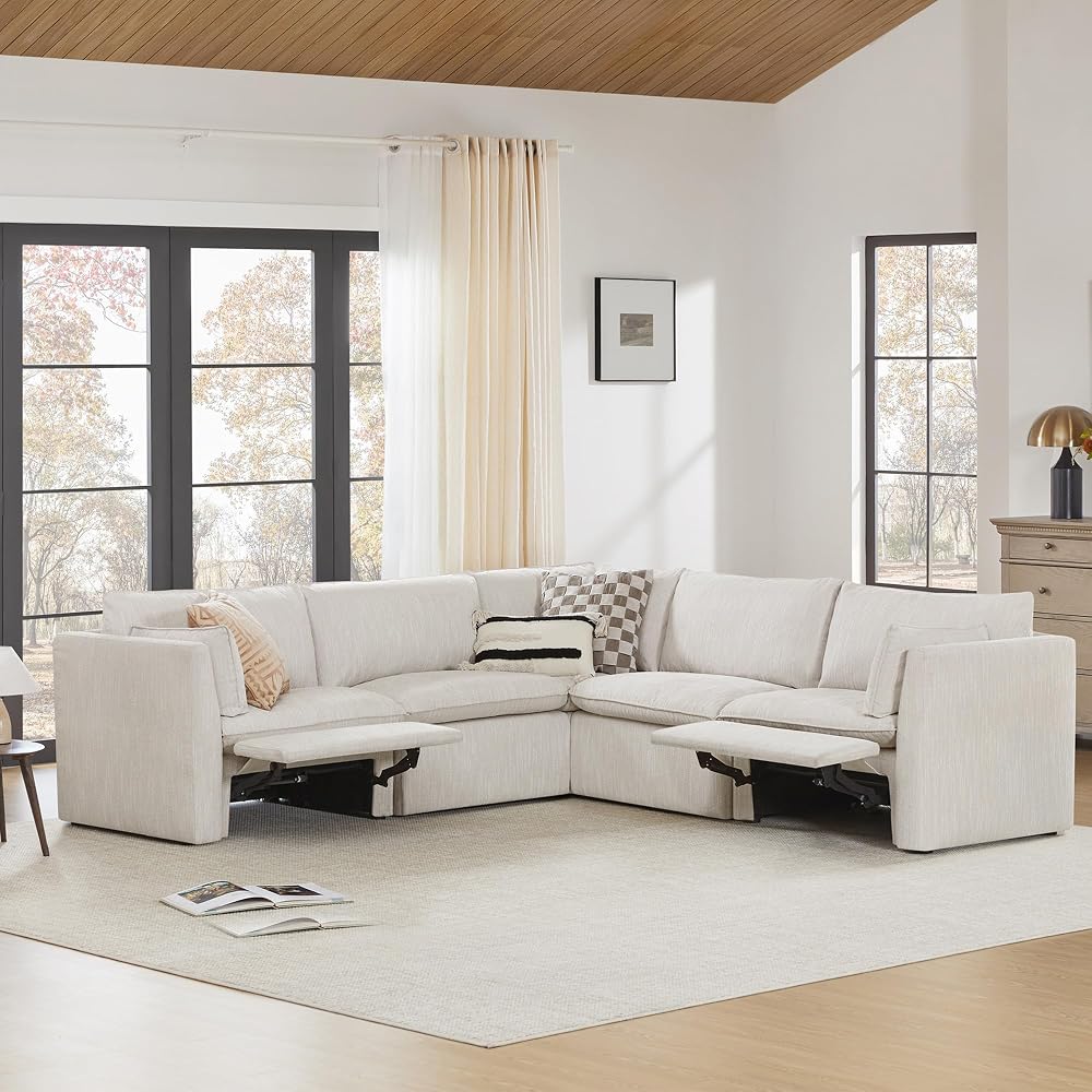 Power Sectional Down Filled Corner Sofa, Comfty Feather V Shape Power Modular, FSC Certified Modern Cloud Couch with Electric Footrests, 107 inch Width,5 Seat Sofa, Snow