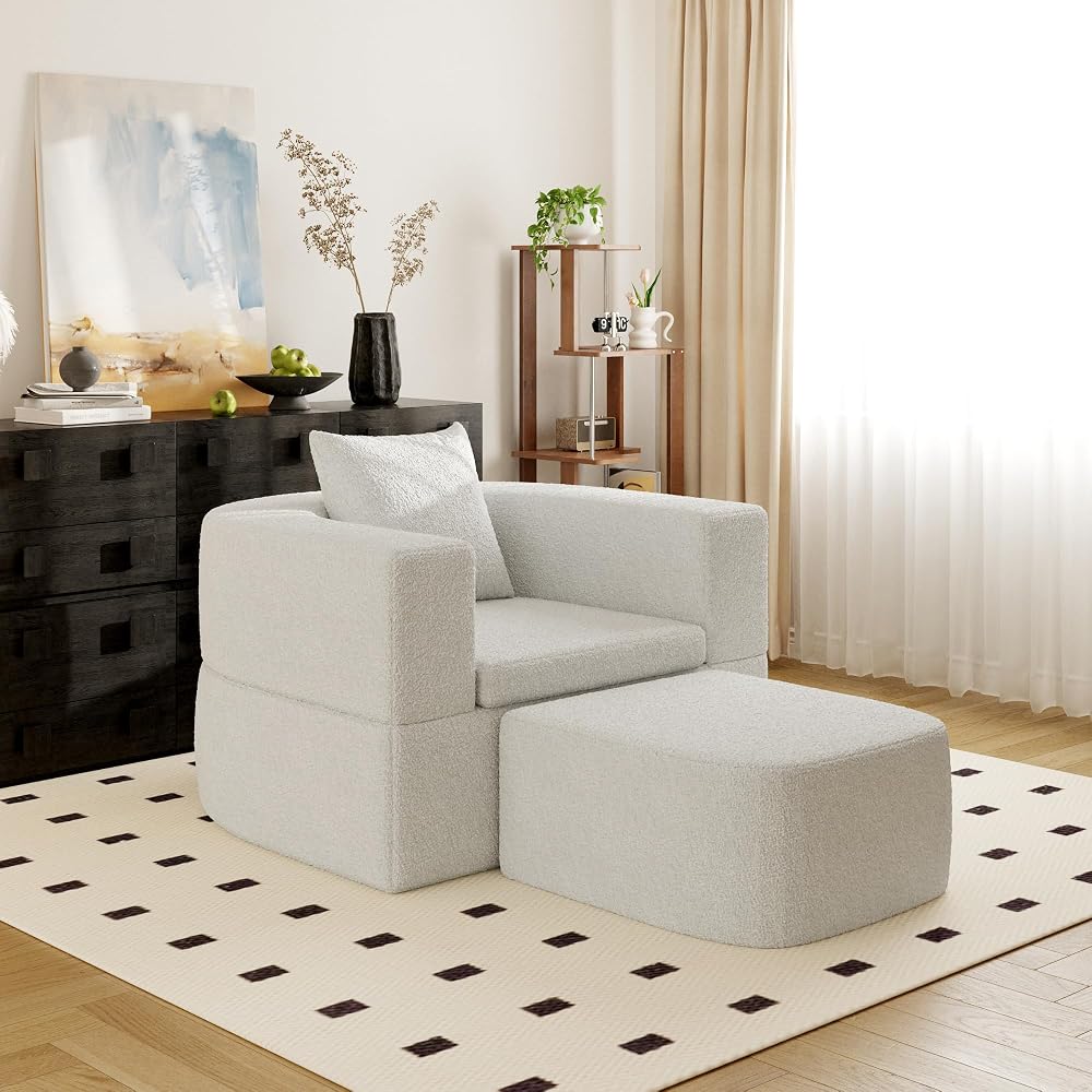 40" Pull Out Couch,2 in 1 Sleeper Sofa Bed,Convertible Sleeper Chair with Pillow Foldable Mattress with Back Support,Teddy Fleece,White