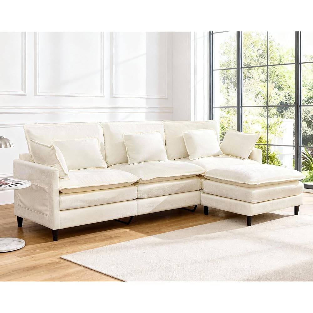 113" Modular Sectional Sofa Comfy Cloud Couch with Movable Ottoman Pillows, Deep Seat Chenille Modular Sofa L Shaped Cloud Sectional Couches for Living Room, Bedroom, Apartment, Beige