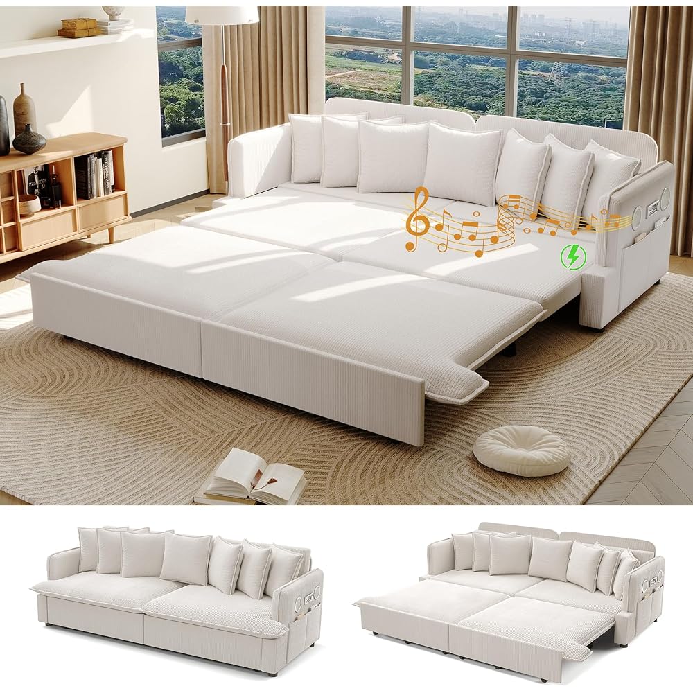 81.8" Sleeper Sofa Bed King Size, 3-in-1 Convertible Corduroy Sofa, Beige