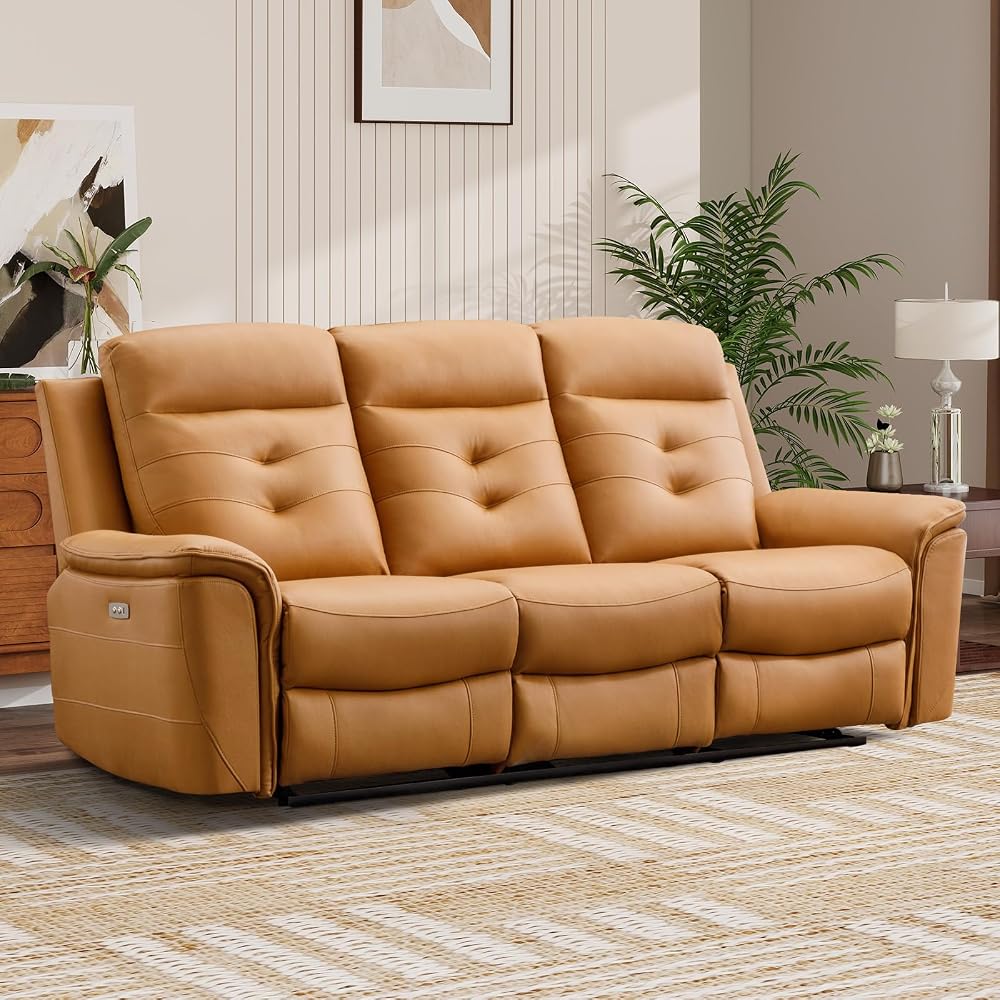 Power Recliner Sofa Couch, Breathable Faux Leather Reclining Couches with USB Charging Port, Overstuffed Armrest and Backrest, 3-Seater Electric Recliner Sofa for Living Room, Brown