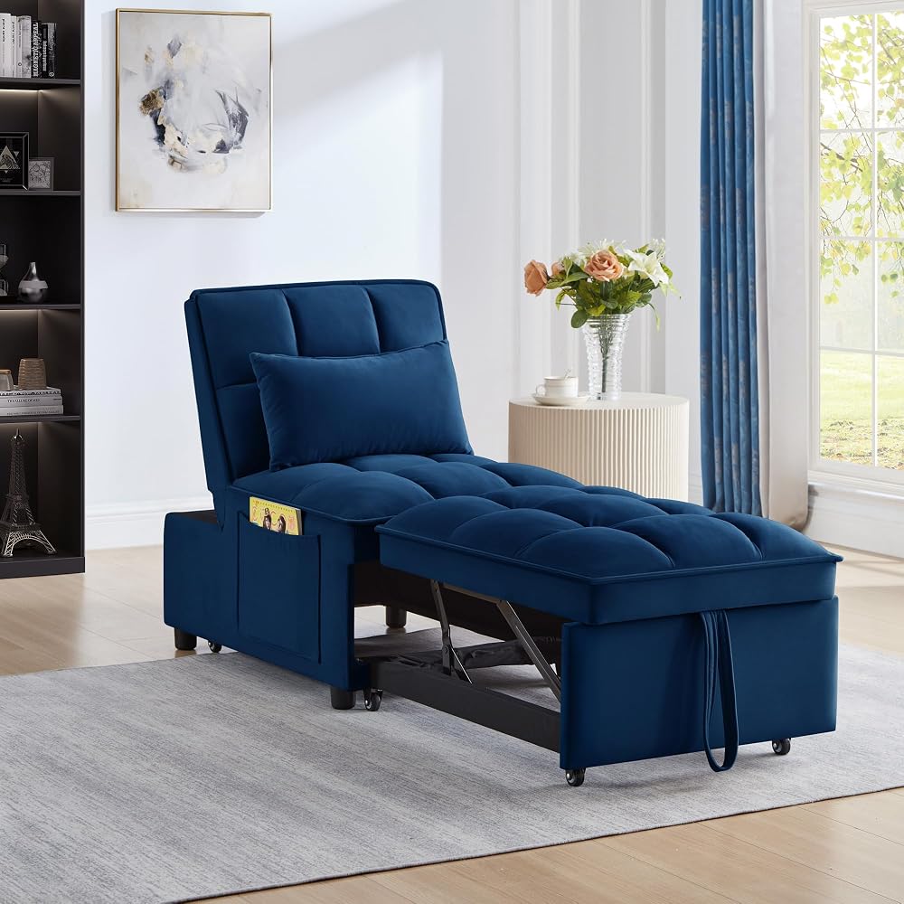 4 in1 Multi-Function Single Sofa Bed with Storage Pockets,Tufted Single Pull-Out Sofa Bed with Adjustable Backrest and Pillows,Convertible Chaise Lounge,for Small Room Apartment (Navy)