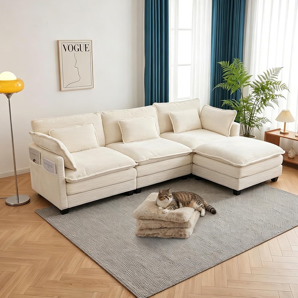 111" L Shaped Sectional Couches for Living Room with Movable Ottoman, Modular Cloud Couch with Deep Seat, Comfy Corduroy Sofa with Pillows for Bedroom and Apartment, Beige