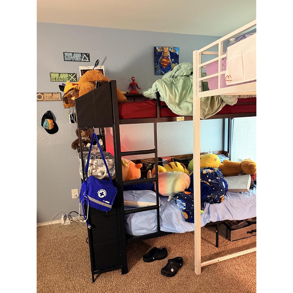 Twin Over Twin Bunk Bed with 6 Storage Drawers & 3 Boxes, Dual Side Shelves, Twin Bunk Beds for Kids with LED Lights and Charging Station, Heavy Duty Metal Bunk Bed with Safety Guardrail and Ladder