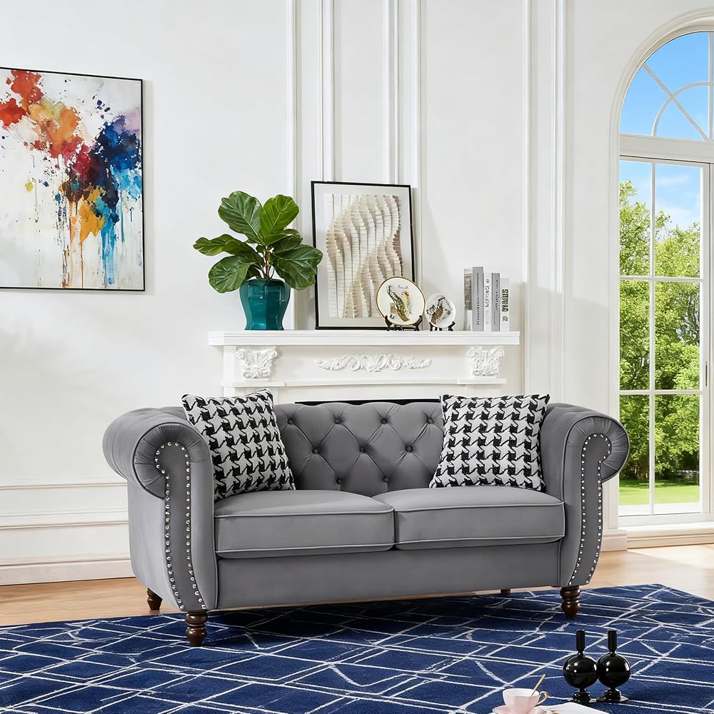 Loveseat, Velvet Fabric Two- Seater Couch, Buckle Design and Rivet Decoration, Deep Seated Double Sofa, Suitable for Living Room, Bedroom, Apartment, Hotel, etc (Gray) (Gray)