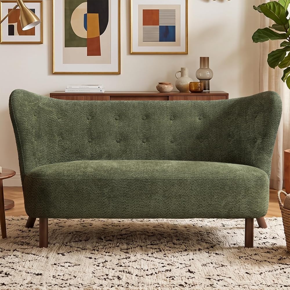 57" Chenille Futon Sofa Loveseat, Nordic Cloud Couch Love Seat with Curved Backrest, Comfy 2 Seater Accent Sofas Chair for Living Study Leisure Room, Easy Assembly, Green