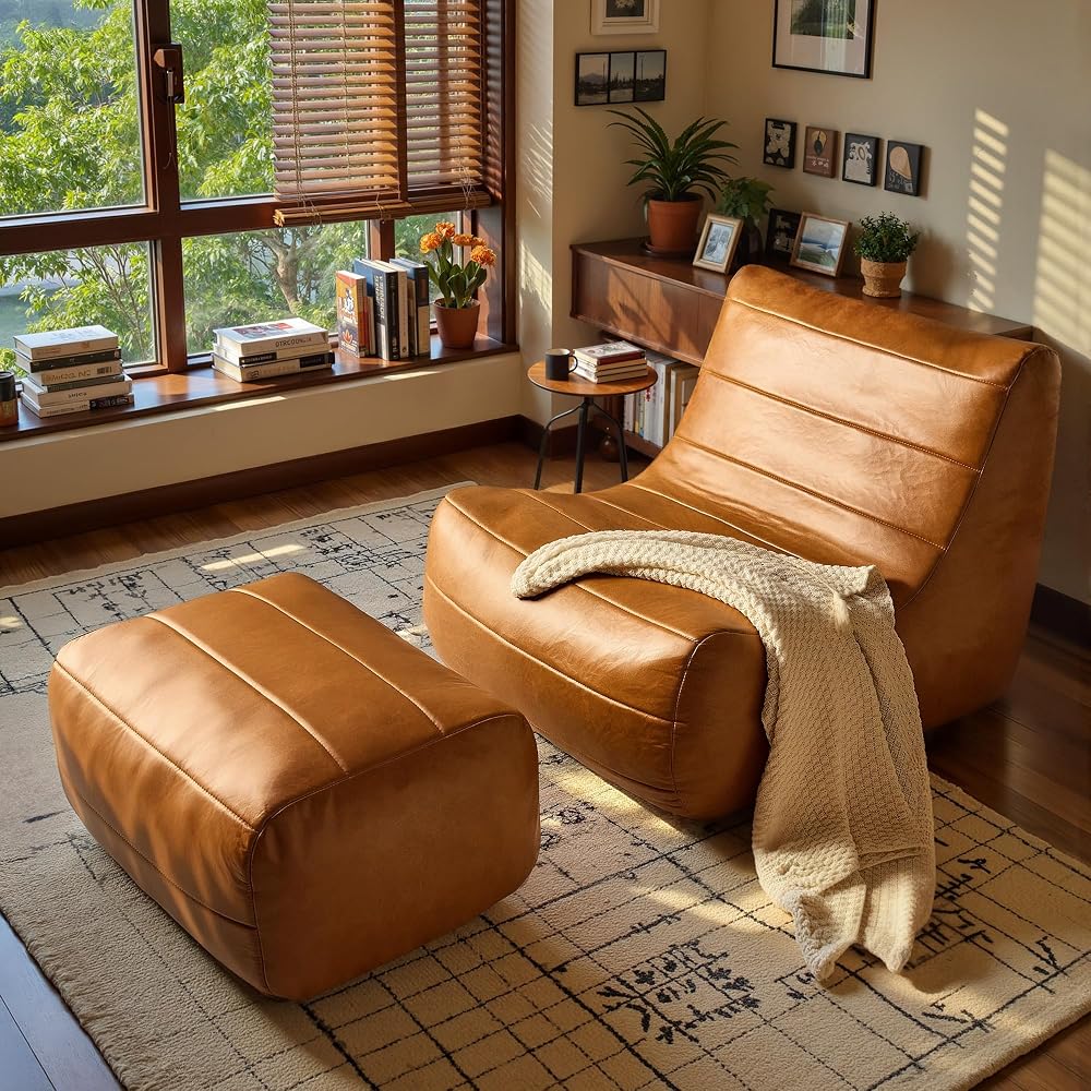 Lazy Sofa with Ottoman - Accent Chair Upholstered with Footrest Set, Faux Leather Fabric Modern Chaise Lounge, Cozy Reclining Chair for Reading Room, Living Room, Brown