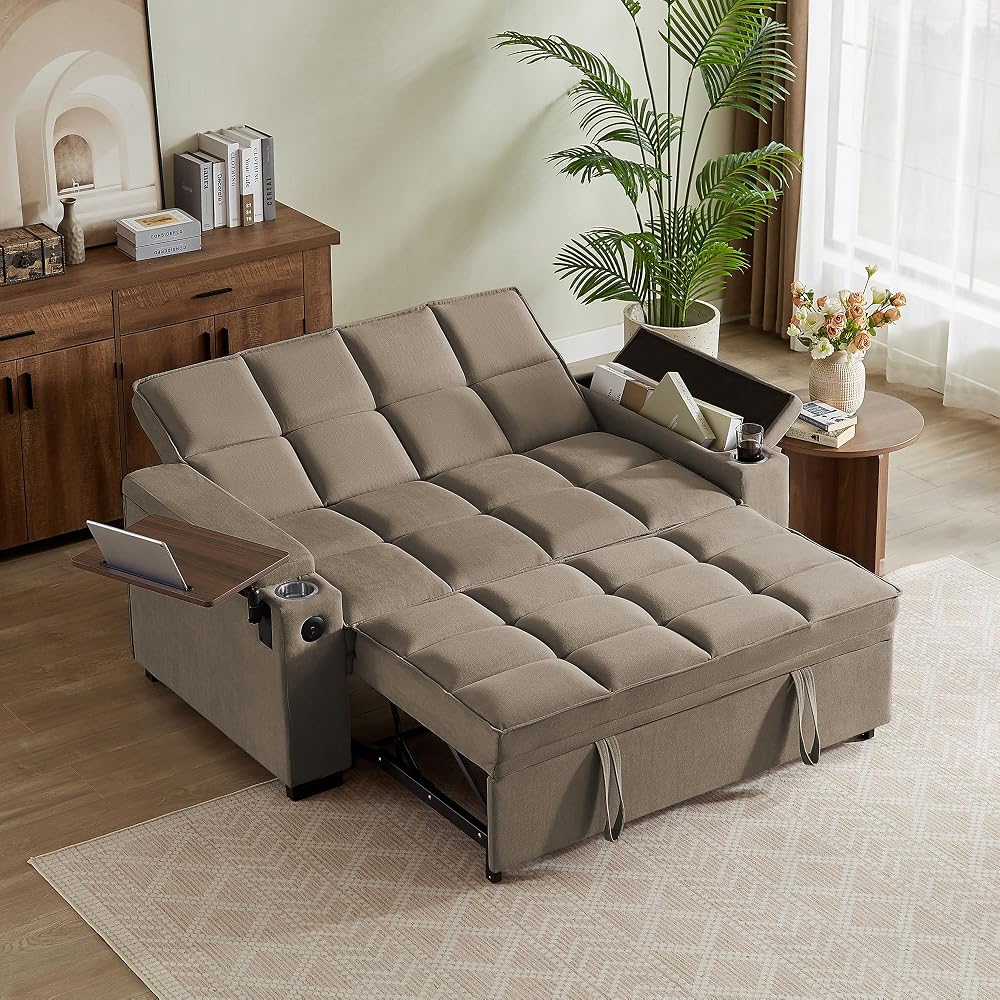 65" Sleeper Sofa Bed Loveseat, Convertible Couch for Living Room, RV Sofa with Adjustable Backrest, Chaise Lounge, Side Table, USB & Type-C Ports