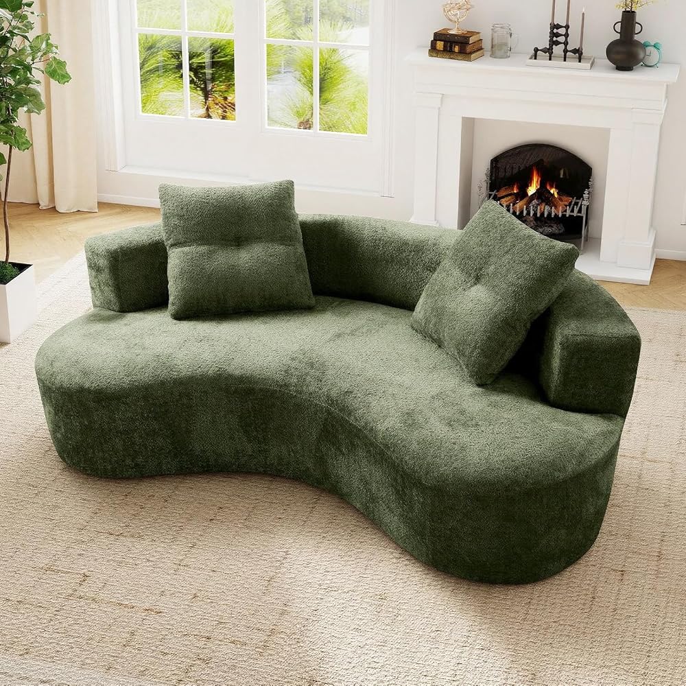 Curved Cloud Boneless Couch, Boucle Fabric Modern Comfy Loveseat Sofa with Deep Seat & 2 Pillows, Upholstered Oversized Couch for Living Room, Bedroom, Apartment, No Assembly Required(Green, 80" W)