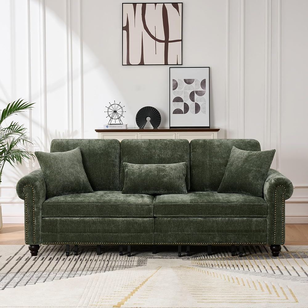 King Size Pull Out Sofa Bed 3 in 1 Classic Modern Convertible Sleeper Chenille Upholstery Nailhead, Rolled Arm Sturdy Metal Frame 600 lbs for Living Room Apartment Office Small Spaces, Green