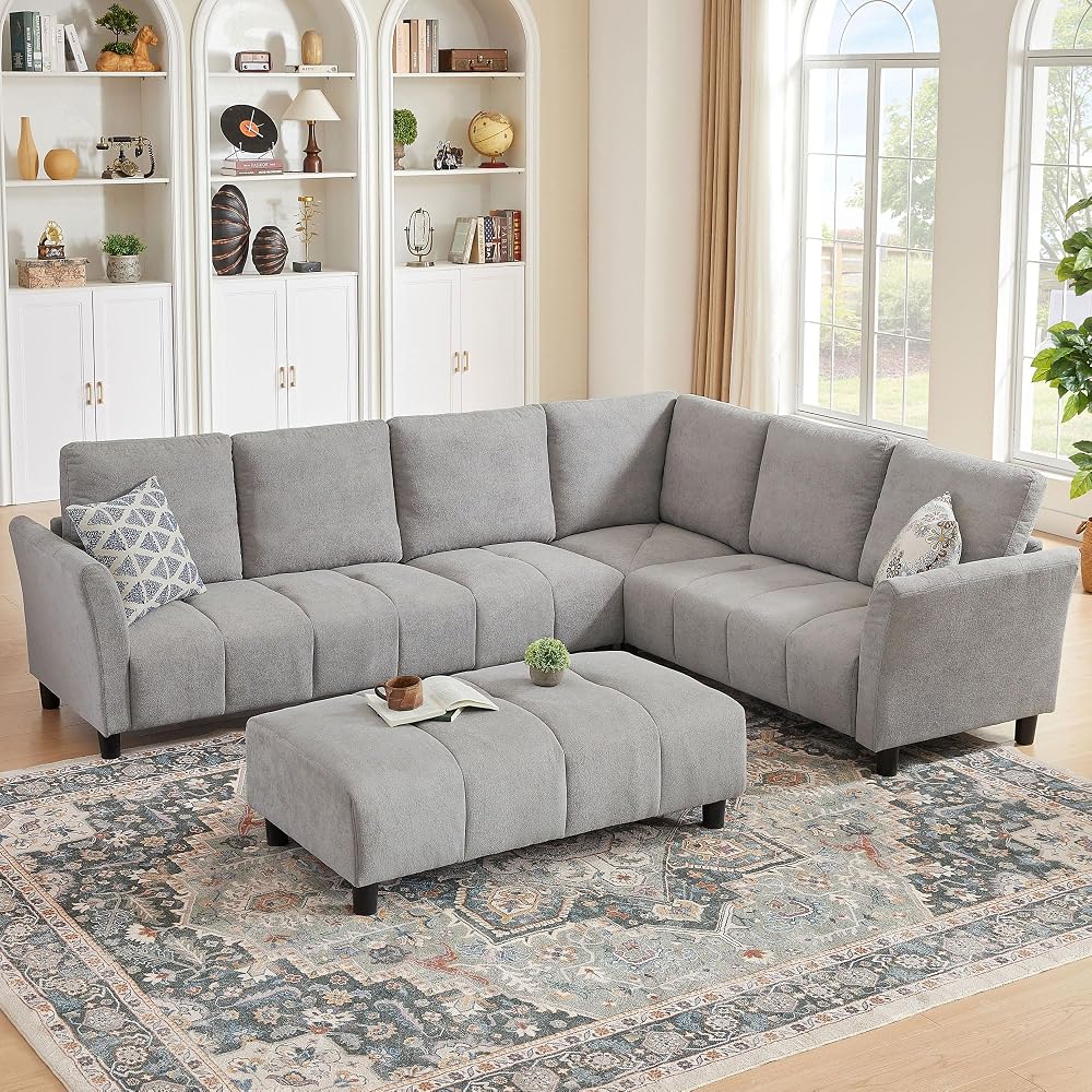 103" Convertible Sectional Sofa with Long Ottoman, Modern Upholstered Fabric L-Shaped Couch with Back Cushions, 6 Seat Sofa Couches for Living Room, Apartment, Office, Light Grey