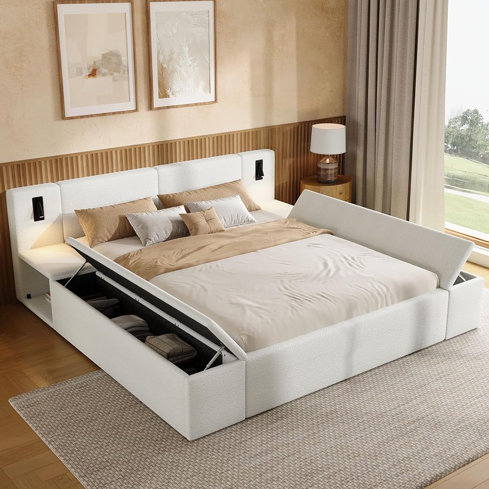 Bouclé Upholstered Platform Bed with Headboard, Hidden Storage,White